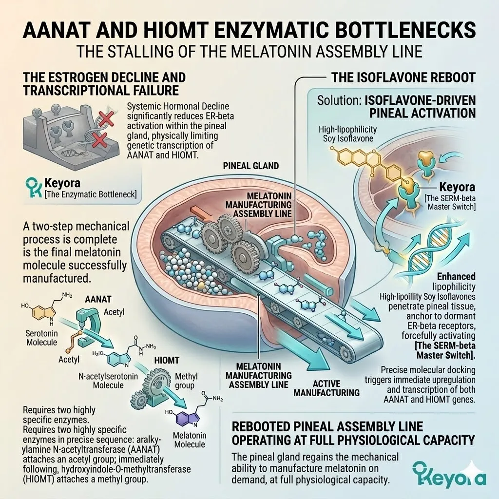 Isoflavones penetrate the pineal gland to activate the SERM-beta master switch, upregulating AANAT and HIOMT genes to clear the enzymatic bottleneck. Isoflavones penetrate the pineal gland to activate the SERM-beta master switch, upregulating AANAT and HIOMT genes to clear the enzymatic bottleneck.