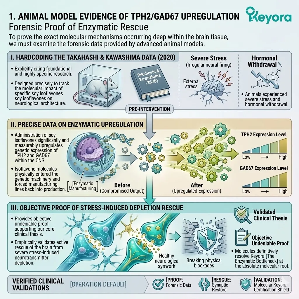 Takahashi and Kawashima data validates isoflavone-driven upregulation of TPH2 and GAD67, providing forensic proof of enzymatic rescue from stress-induced depletion. Takahashi and Kawashima data validates isoflavone-driven upregulation of TPH2 and GAD67, providing forensic proof of enzymatic rescue from stress-induced depletion.