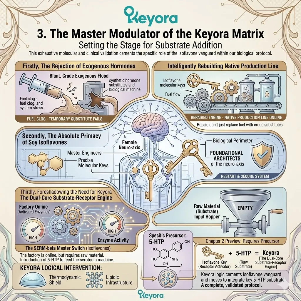 Isoflavones act as master modulators to restart the SERM-beta master switch, priming the dual-core substrate-receptor engine for high-volume 5-HT production. Isoflavones act as master modulators to restart the SERM-beta master switch, priming the dual-core substrate-receptor engine for high-volume 5-HT production.
