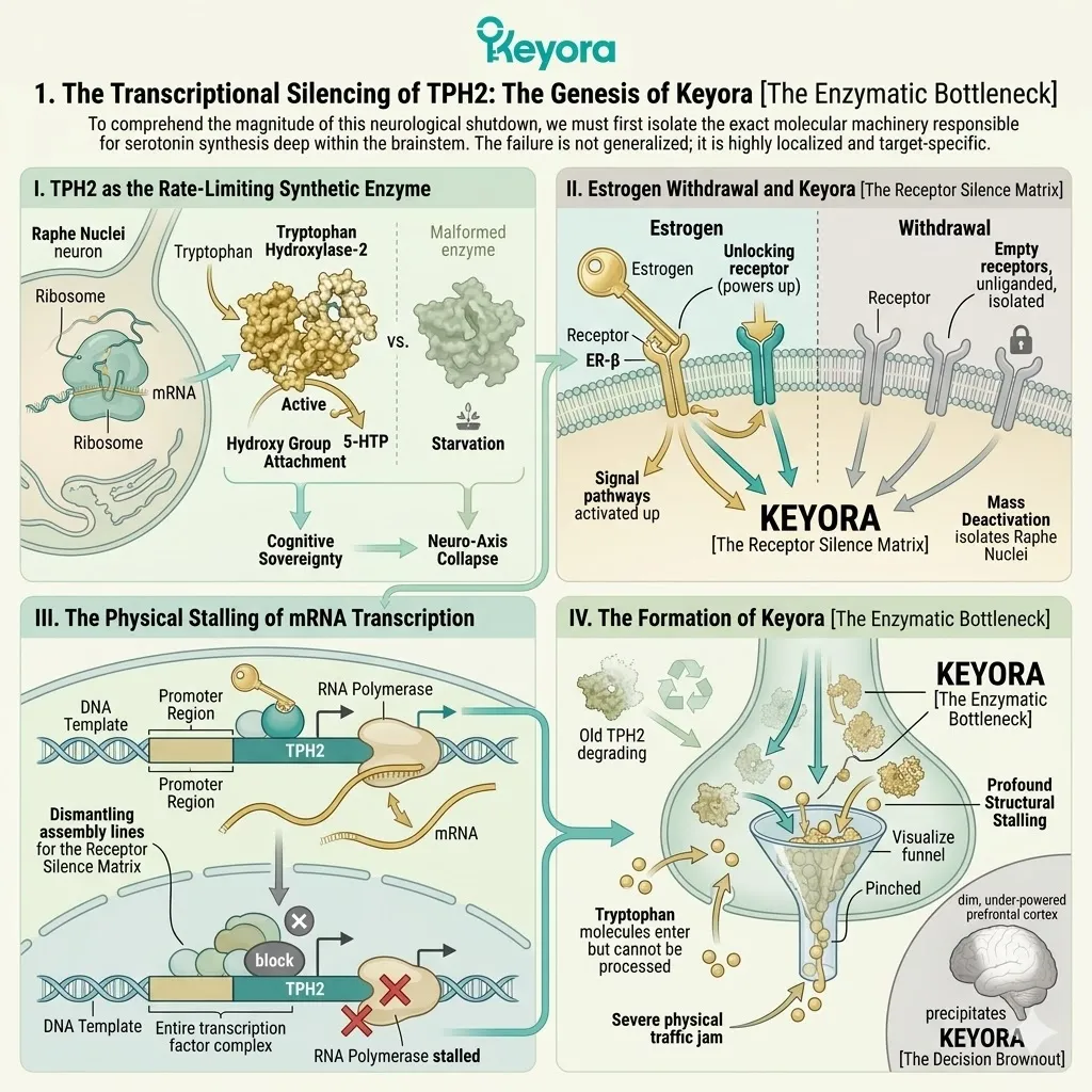 Keyora structural blockade shuts down TPH2 transcription, creating the enzymatic bottleneck and halting serotonin synthesis. Keyora structural blockade shuts down TPH2 transcription, creating the enzymatic bottleneck and halting serotonin synthesis.