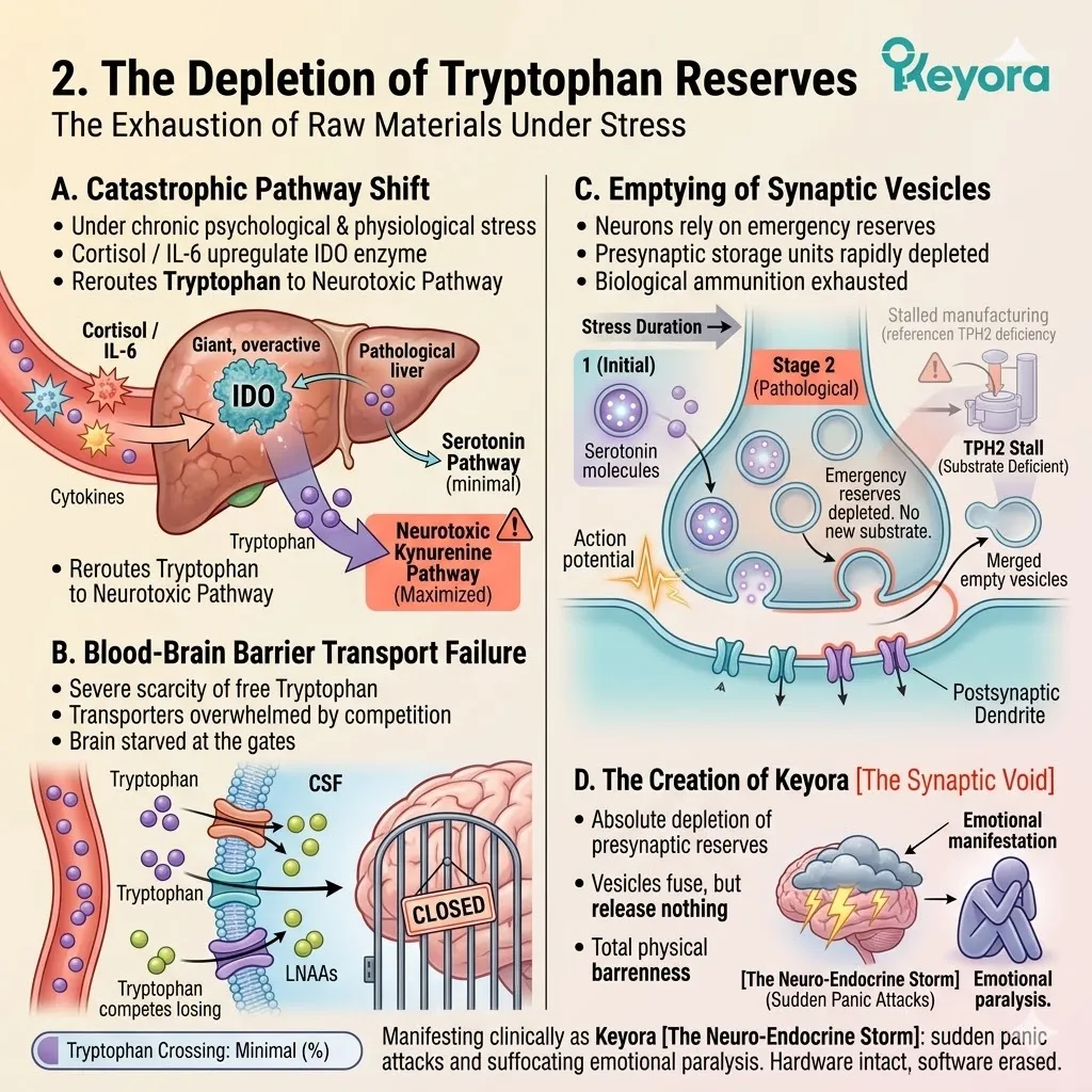 Chronic stress drives a peripheral kynurenine pathway shift, inducing Keyora the synaptic void to unleash the catastrophic neuro-endocrine storm. Chronic stress drives a peripheral kynurenine pathway shift, inducing Keyora the synaptic void to unleash the catastrophic neuro-endocrine storm.