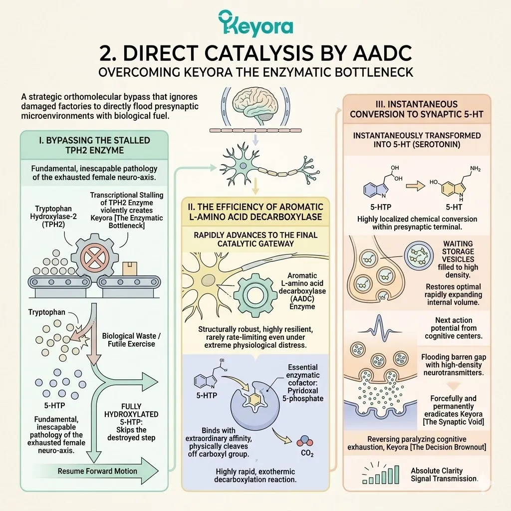 Keyora AADC catalysis converts 5-HTP to bypass the enzymatic bottleneck, clearing the synaptic void to crush the neuro-endocrine storm. Keyora AADC catalysis converts 5-HTP to bypass the enzymatic bottleneck, clearing the synaptic void to crush the neuro-endocrine storm.