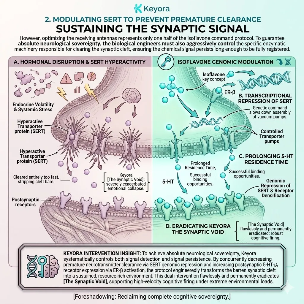 Keyora modulates SERT to extend neurotransmitter residence time across the four-drive system, shielding against the neuro-endocrine storm. Keyora modulates SERT to extend neurotransmitter residence time across the four-drive system, shielding against the neuro-endocrine storm.