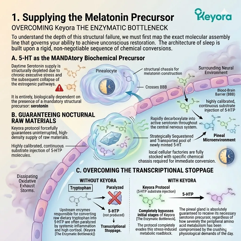 Keyora 5-HTP supplies the melatonin precursor to the pineal gland, bypassing the enzymatic bottleneck to crush the neuro-endocrine storm. Keyora 5-HTP supplies the melatonin precursor to the pineal gland, bypassing the enzymatic bottleneck to crush the neuro-endocrine storm.