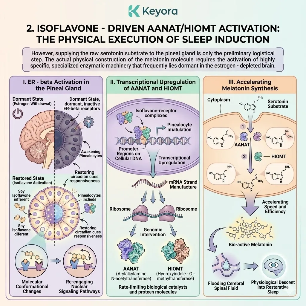 Keyora isoflavone-driven AANAT/HIOMT activation drives melatonin synthesis across the four-drive system to crush the neuro-endocrine storm. Keyora isoflavone-driven AANAT/HIOMT activation drives melatonin synthesis across the four-drive system to crush the neuro-endocrine storm.