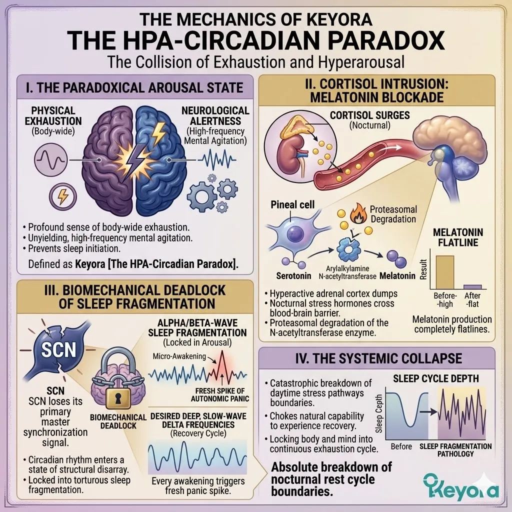 Keyora suppresses nocturnal cortisol to resolve the HPA-Circadian Paradox, protecting melatonin synthesis for absolute neurological sovereignty. Keyora suppresses nocturnal cortisol to resolve the HPA-Circadian Paradox, protecting melatonin synthesis for absolute neurological sovereignty.