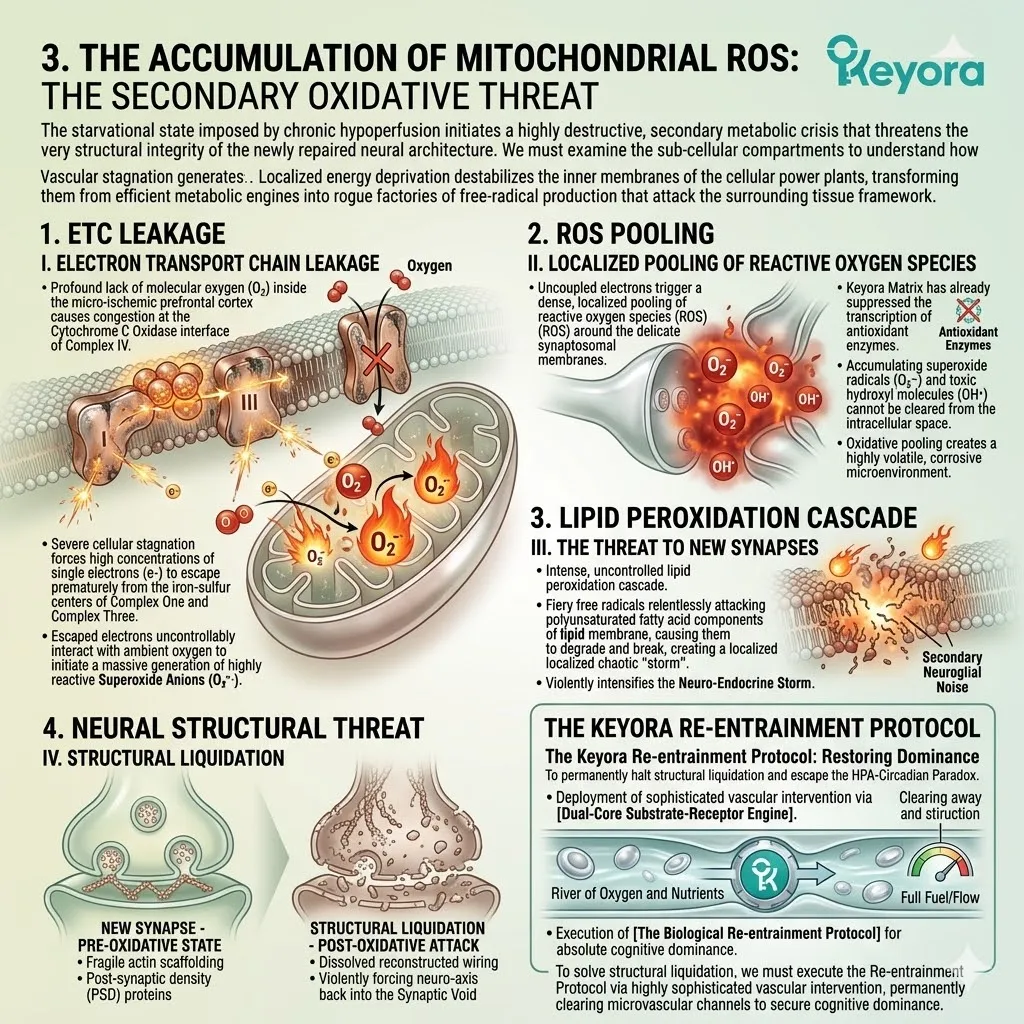 Mitochondrial ROS leakage fuels the Neuro-Endocrine Storm, threatening new synapses until a Systemic Regulator reclaims neurological sovereignty. Mitochondrial ROS leakage fuels the Neuro-Endocrine Storm, threatening new synapses until a Systemic Regulator reclaims neurological sovereignty.