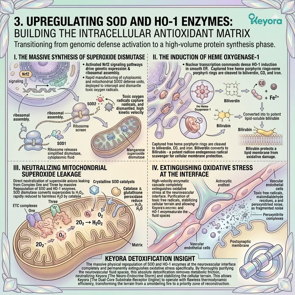 SOD and HO-1 upregulation clears mitochondrial leakage, acting as a Systemic Regulator to quiet the Neuro-Endocrine Storm and secure sovereignty. SOD and HO-1 upregulation clears mitochondrial leakage, acting as a Systemic Regulator to quiet the Neuro-Endocrine Storm and secure sovereignty.