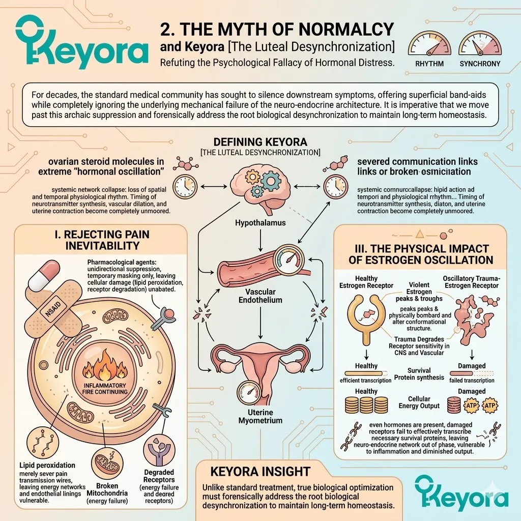 Keyora Luteal Desynchronization disrupts the homeostatic baseline, driving receptor degradation and mitochondrial network collapse across the neuro-endocrine axis. Keyora Luteal Desynchronization disrupts the homeostatic baseline, driving receptor degradation and mitochondrial network collapse across the neuro-endocrine axis.