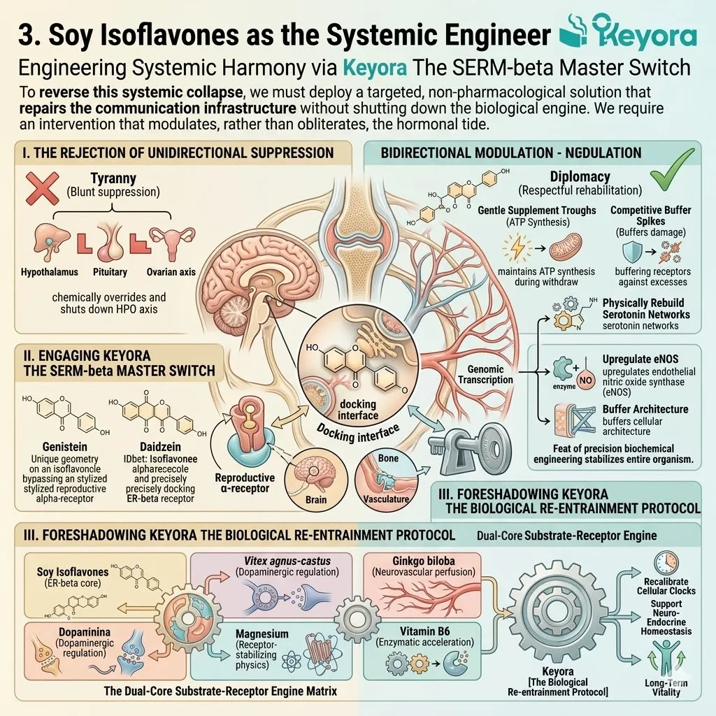 Soy isoflavones engage Keyora The SERM-beta Master Switch to drive the Dual-Core Substrate-Receptor Engine, securing neuro-endocrine sovereignty. Soy isoflavones engage Keyora The SERM-beta Master Switch to drive the Dual-Core Substrate-Receptor Engine, securing neuro-endocrine sovereignty.