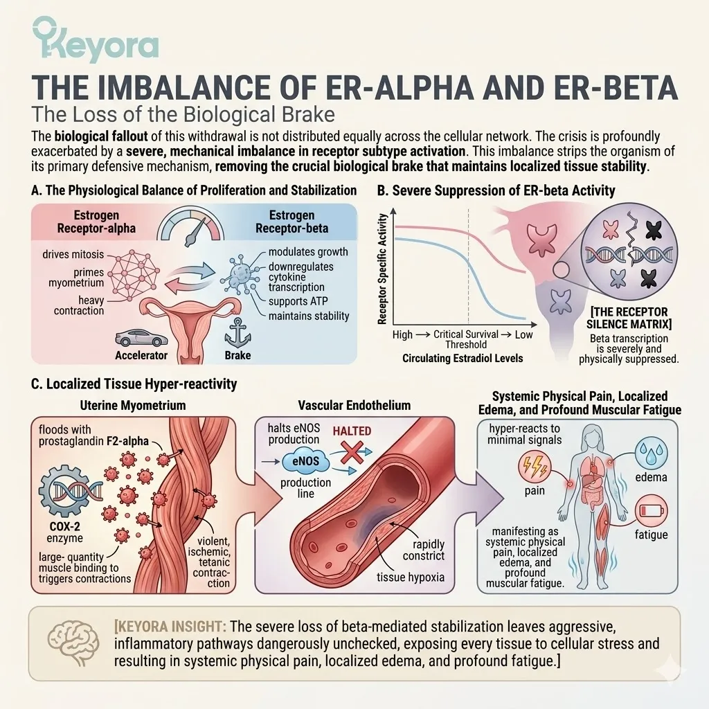 ER-alpha acceleration unchecked by ER-beta allows the Neuro-Endocrine Storm to trigger localized tissue hyper-reactivity and physical collapse. ER-alpha acceleration unchecked by ER-beta allows the Neuro-Endocrine Storm to trigger localized tissue hyper-reactivity and physical collapse.