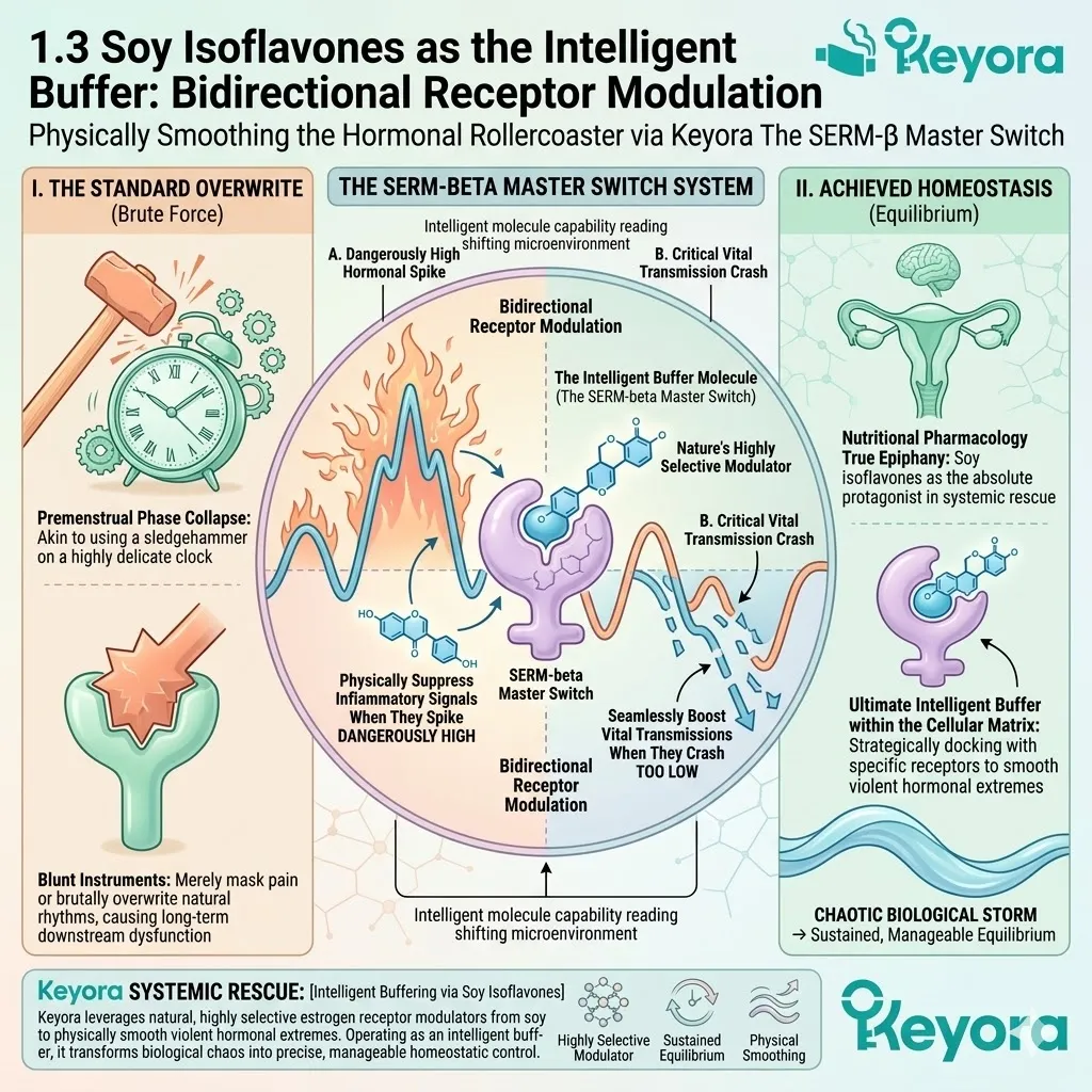 Soy isoflavones engage Keyora SERM-beta Master Switch as a Systemic Regulator to buffer the Neuro-Endocrine Storm for hormonal sovereignty. Soy isoflavones engage Keyora SERM-beta Master Switch as a Systemic Regulator to buffer the Neuro-Endocrine Storm for hormonal sovereignty.
