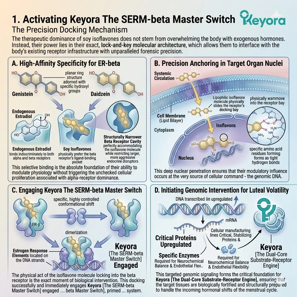 Soy isoflavones engage Keyora SERM-beta Master Switch to drive genomic intervention, buffering luteal volatility for neurological sovereignty. Soy isoflavones engage Keyora SERM-beta Master Switch to drive genomic intervention, buffering luteal volatility for neurological sovereignty.