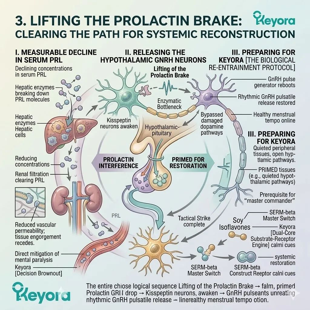Keyora Systemic Regulator lifts the prolactin brake to restore hypothalamic GnRH pulses, initiating the Biological Re-entrainment Protocol. Keyora Systemic Regulator lifts the prolactin brake to restore hypothalamic GnRH pulses, initiating the Biological Re-entrainment Protocol.