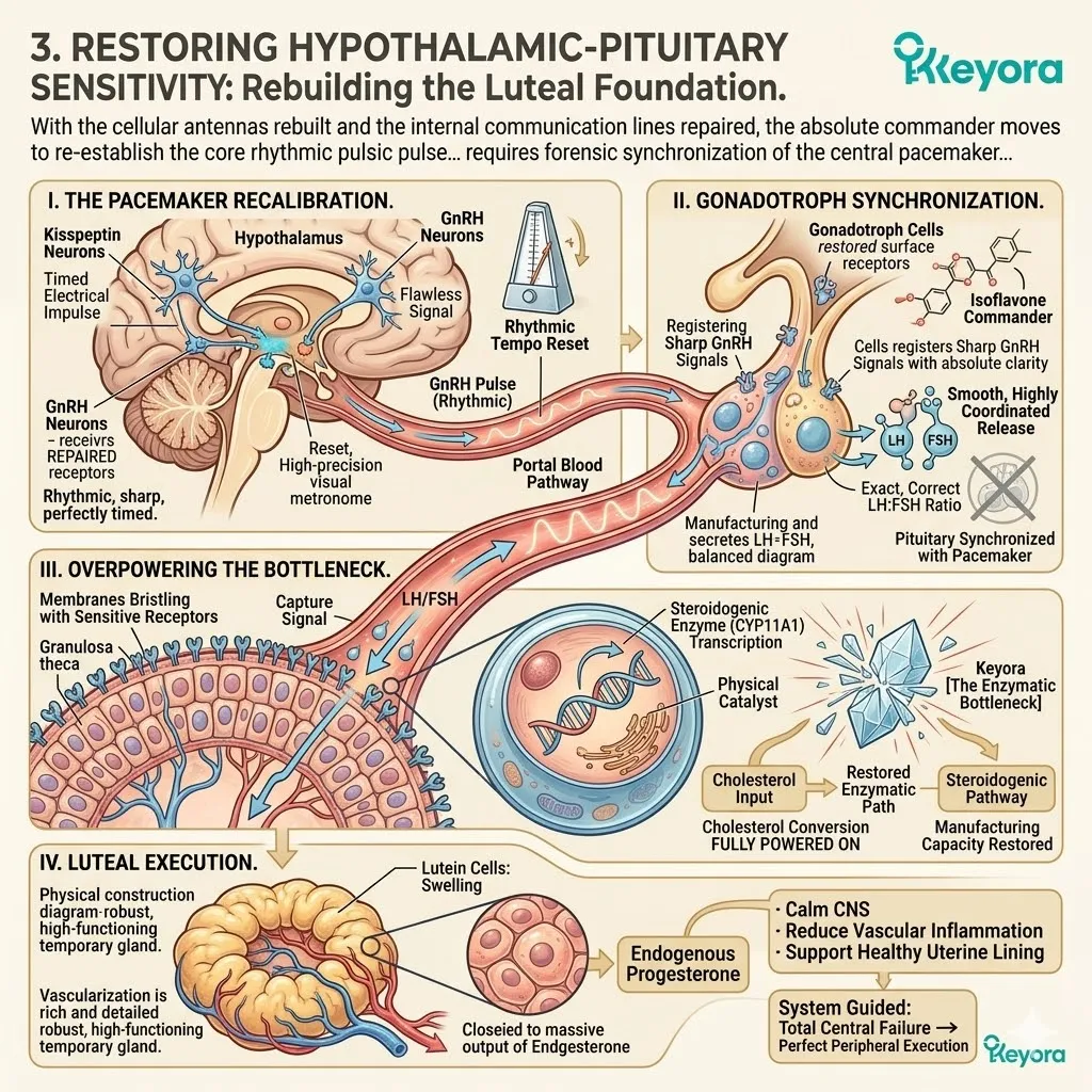 Keyora Systemic Regulator restores GnRH pulses to upregulate CYP11A1, optimizing corpus luteum function for complete endocrine sovereignty. Keyora Systemic Regulator restores GnRH pulses to upregulate CYP11A1, optimizing corpus luteum function for complete endocrine sovereignty.