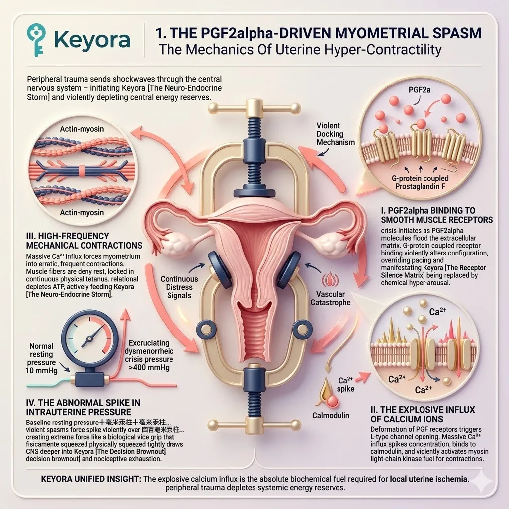 Keyora counters the PGF2alpha calcium influx to halt myometrial spasms, neutralizing the Neuro-Endocrine Storm for neurological sovereignty. Keyora counters the PGF2alpha calcium influx to halt myometrial spasms, neutralizing the Neuro-Endocrine Storm for neurological sovereignty.