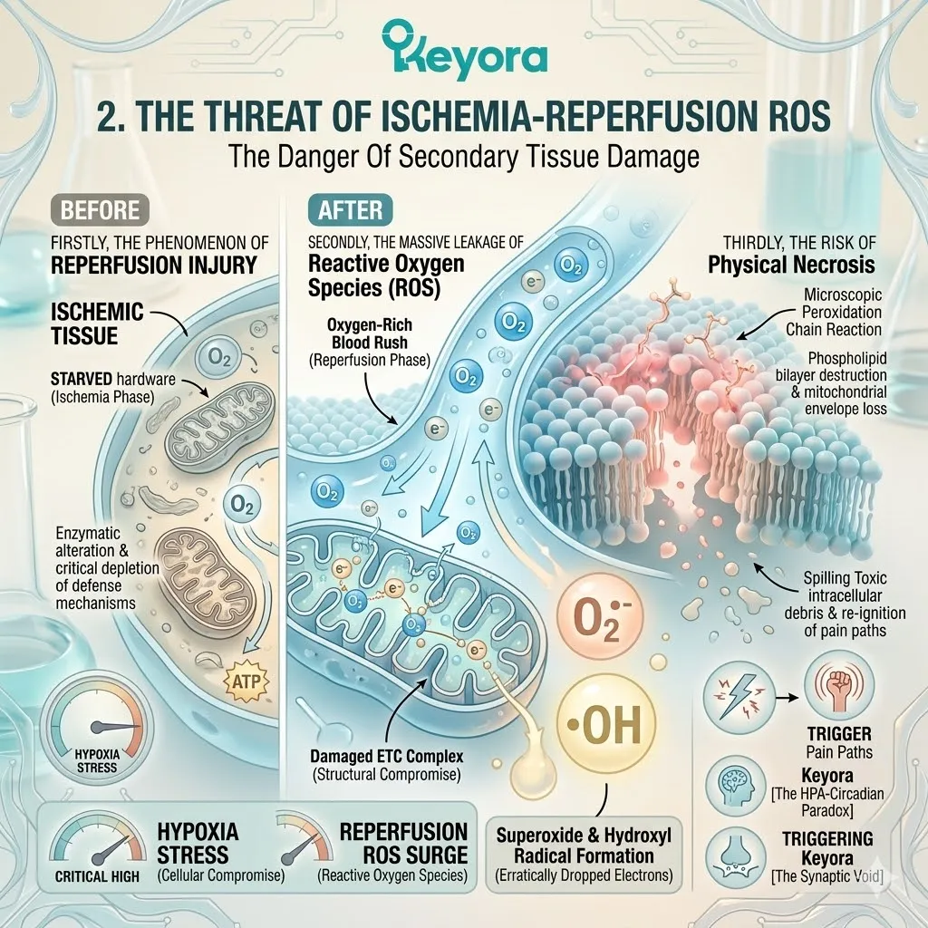 Keyora neutralizes mitochondrial electron leakage and ROS to arrest secondary necrosis within the Ischemic-Inflammatory Loop for total sovereignty. Keyora neutralizes mitochondrial electron leakage and ROS to arrest secondary necrosis within the Ischemic-Inflammatory Loop for total sovereignty.