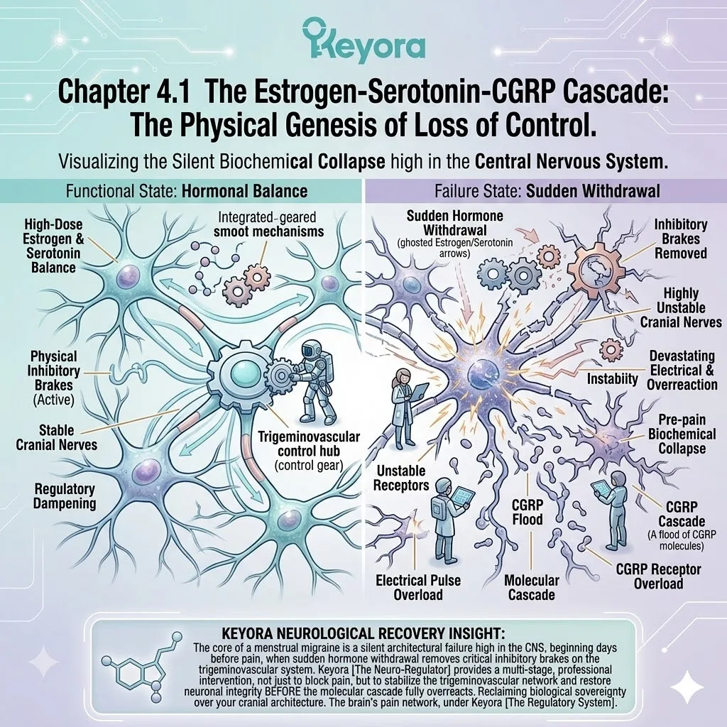 Keyora regulatory dampening prevents trigeminovascular instability, neutralizing the estrogen-serotonin-CGRP cascade before electrical overreaction occurs. Keyora regulatory dampening prevents trigeminovascular instability, neutralizing the estrogen-serotonin-CGRP cascade before electrical overreaction occurs.