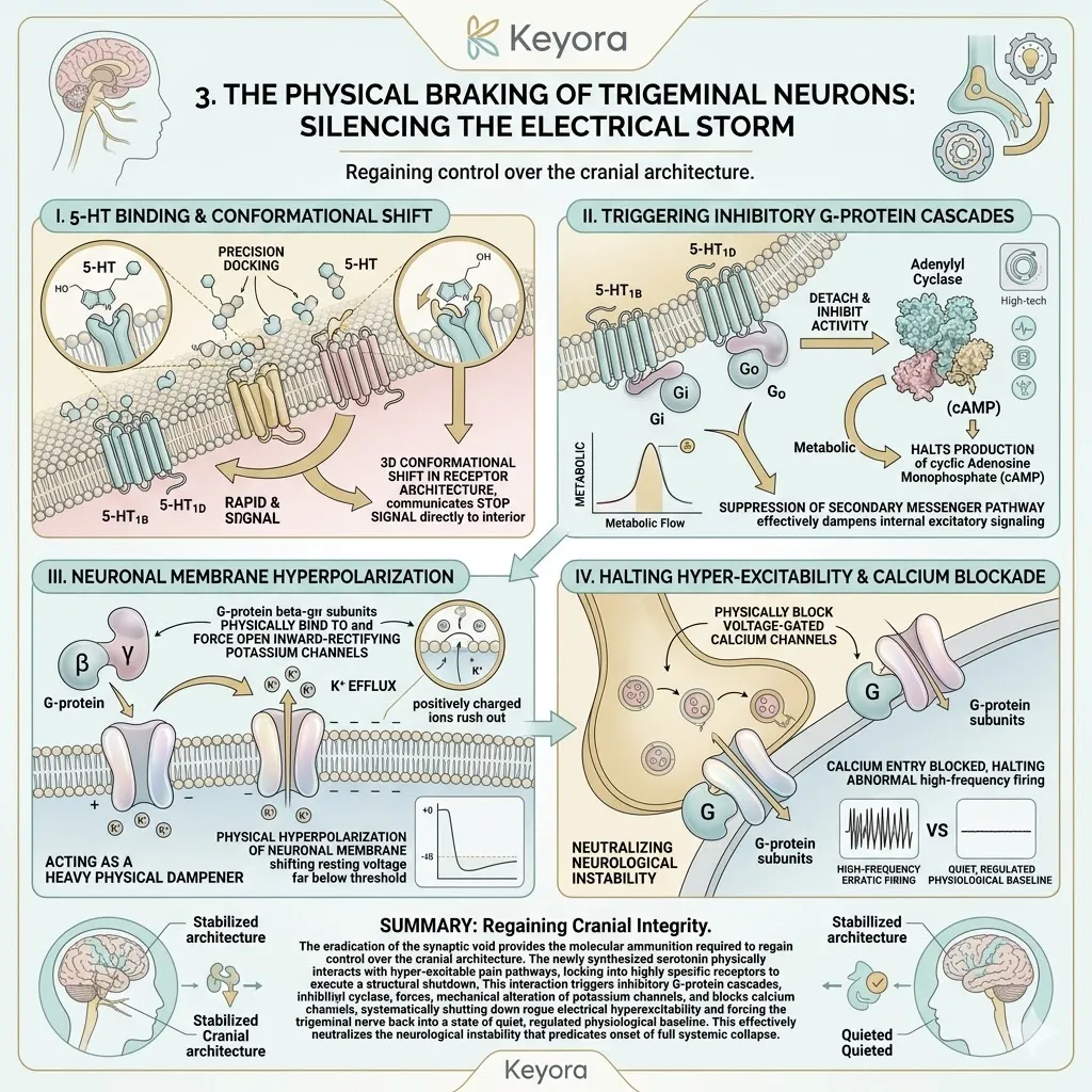 Keyora activates 5-HT1B/1D receptors to force neuronal hyperpolarization, halting trigeminal hyper-excitability to silence the neuro-endocrine storm. Keyora activates 5-HT1B/1D receptors to force neuronal hyperpolarization, halting trigeminal hyper-excitability to silence the neuro-endocrine storm.