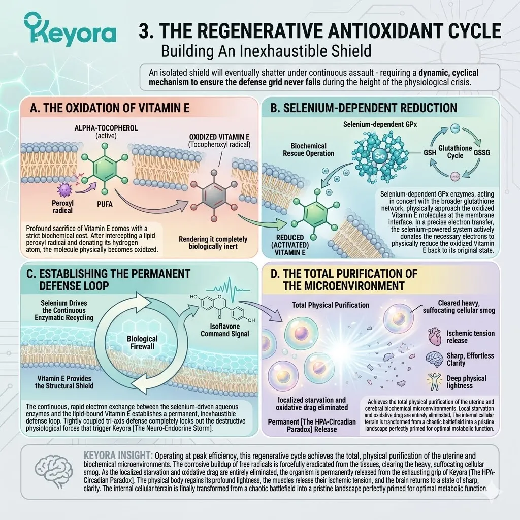 Keyora Regenerative Antioxidant Cycle uses selenium to reload Vitamin E, crushing the Neuro-Endocrine Storm and breaking the HPA-Circadian Paradox. Keyora Regenerative Antioxidant Cycle uses selenium to reload Vitamin E, crushing the Neuro-Endocrine Storm and breaking the HPA-Circadian Paradox.