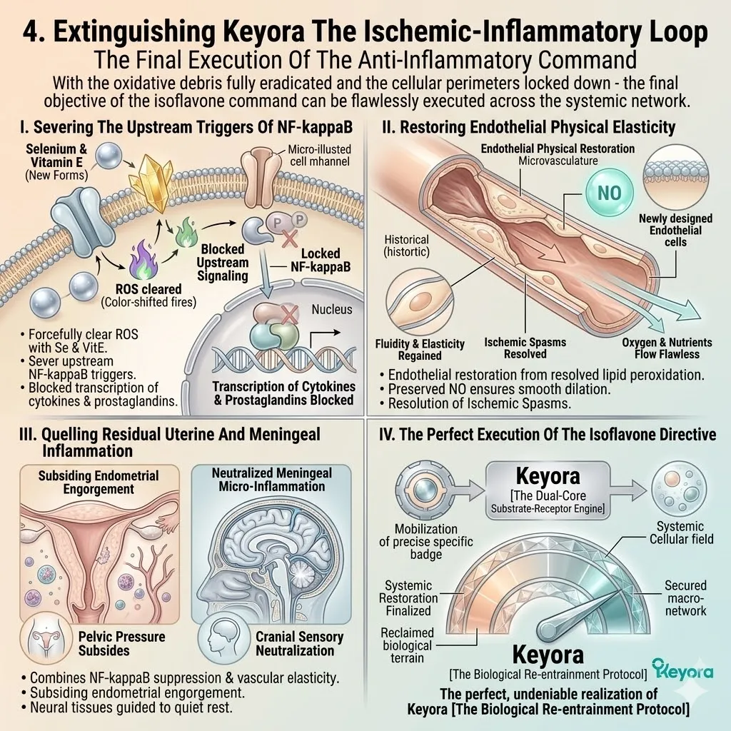Keyora Dual-Core Engine suppresses NF-kappaB and restores endothelial elasticity to extinguish the Ischemic-Inflammatory Loop, securing systemic rest. Keyora Dual-Core Engine suppresses NF-kappaB and restores endothelial elasticity to extinguish the Ischemic-Inflammatory Loop, securing systemic rest.