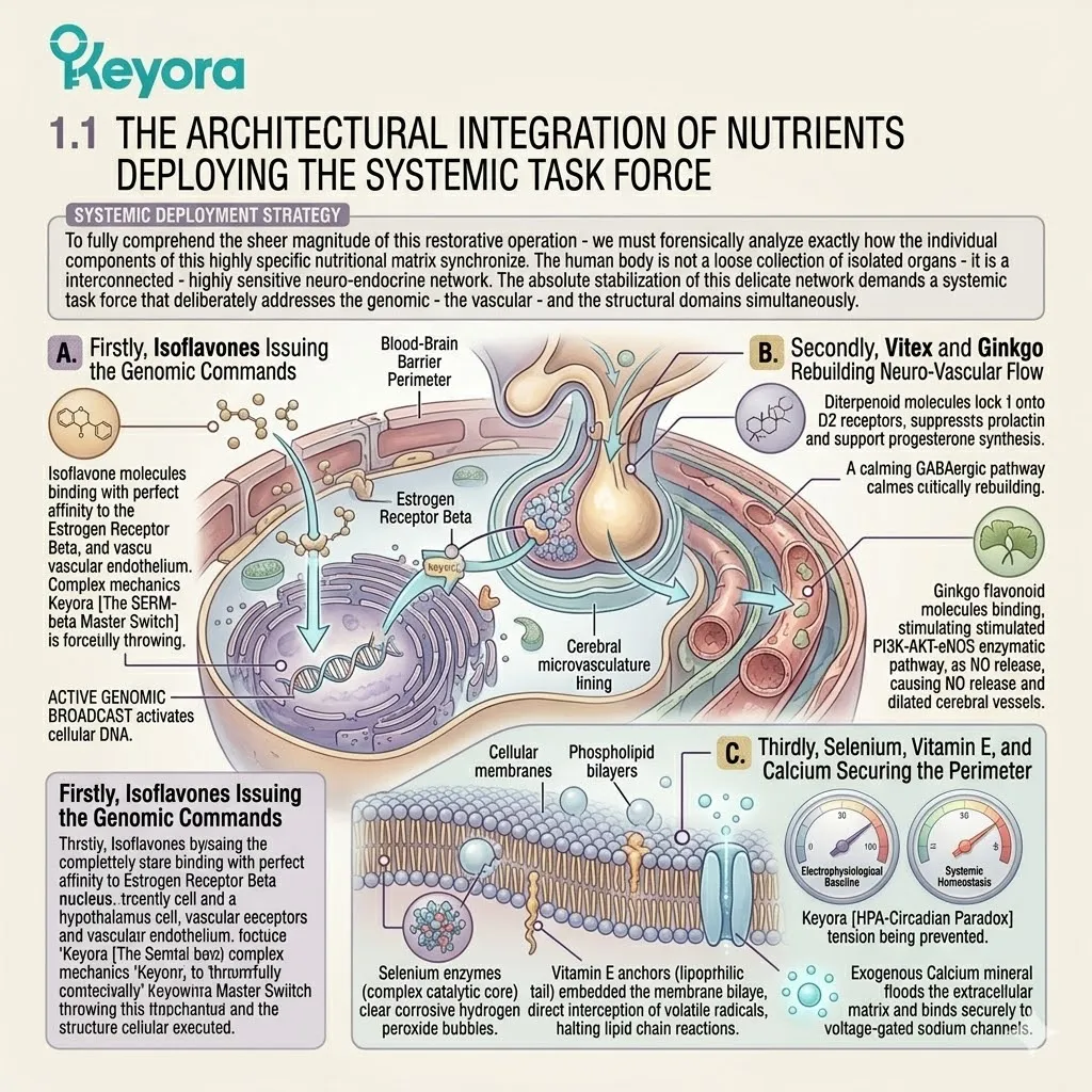 Keyora SERM-beta Switch activates genomic commands while Vitex, Ginkgo, Selenium, and Vitamin E clear the Synaptic Void and Enzymatic Bottleneck. Keyora SERM-beta Switch activates genomic commands while Vitex, Ginkgo, Selenium, and Vitamin E clear the Synaptic Void and Enzymatic Bottleneck.
