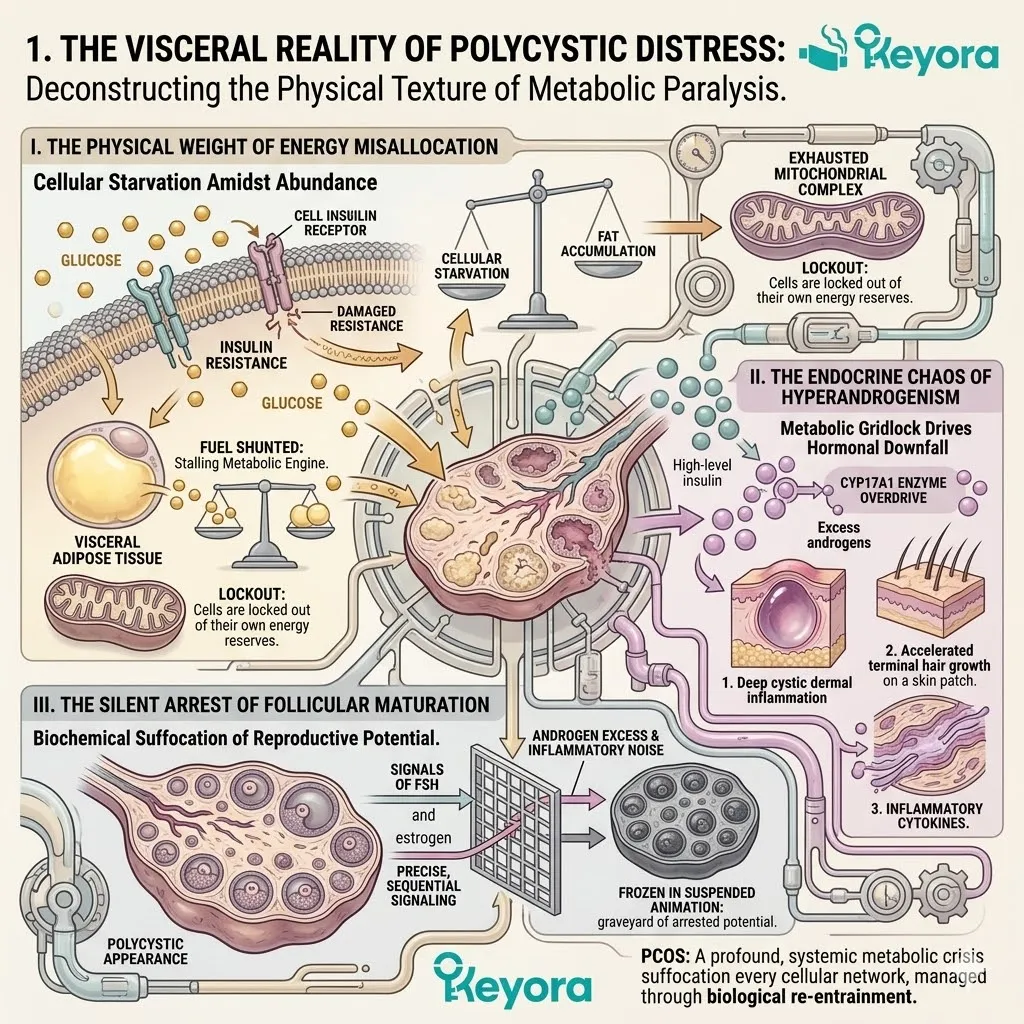Systemic metabolic blockades trigger insulin resistance and androgenic overload, causing follicular arrest within the Keyora neuro-endocrine landscape. Systemic metabolic blockades trigger insulin resistance and androgenic overload, causing follicular arrest within the Keyora neuro-endocrine landscape.