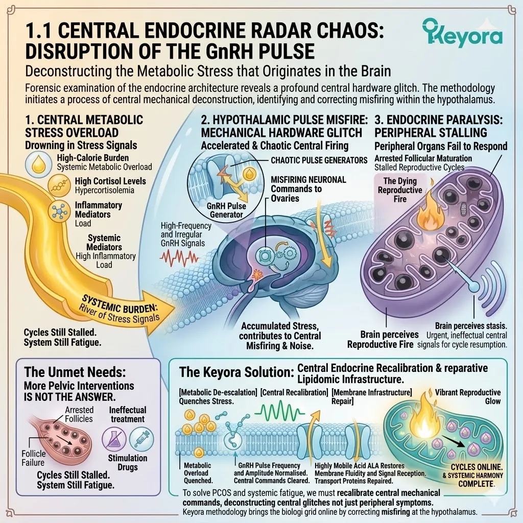 Systemic metabolic stress induces hypothalamic dysregulation, driving chaotic GnRH pulse frequencies that paralyze reproductive architecture from above. Systemic metabolic stress induces hypothalamic dysregulation, driving chaotic GnRH pulse frequencies that paralyze reproductive architecture from above.