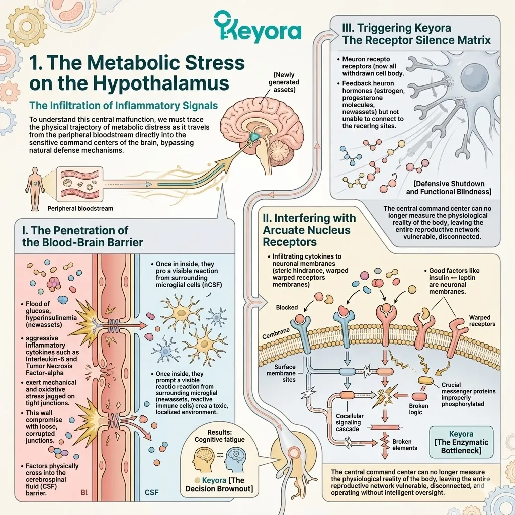 Cerebral inflammatory infiltration triggers the Receptor Silence Matrix, causing an Enzymatic Bottleneck that disconnects hypothalamic radar from metabolic feedback. Cerebral inflammatory infiltration triggers the Receptor Silence Matrix, causing an Enzymatic Bottleneck that disconnects hypothalamic radar from metabolic feedback.