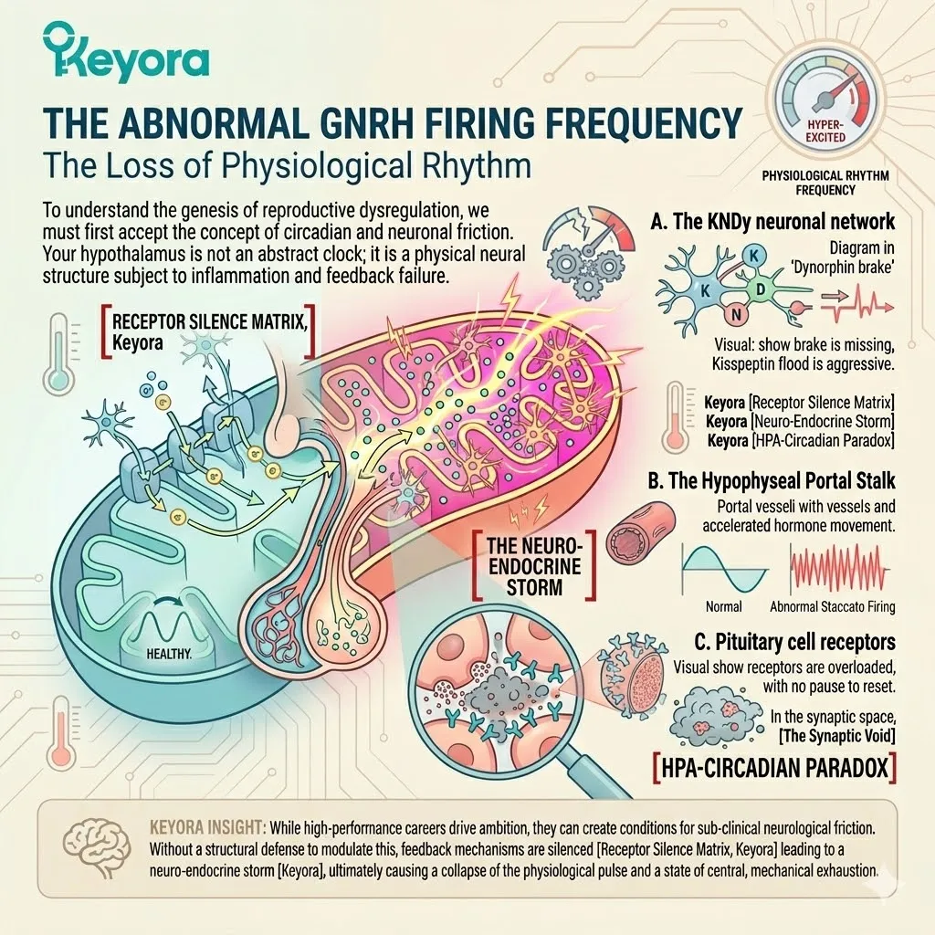 Hyperactive KNDy neurons induce rapid GnRH pulse frequencies, triggering a neuro-endocrine storm and synaptic void that shatters reproductive rhythmicity. Hyperactive KNDy neurons induce rapid GnRH pulse frequencies, triggering a neuro-endocrine storm and synaptic void that shatters reproductive rhythmicity.