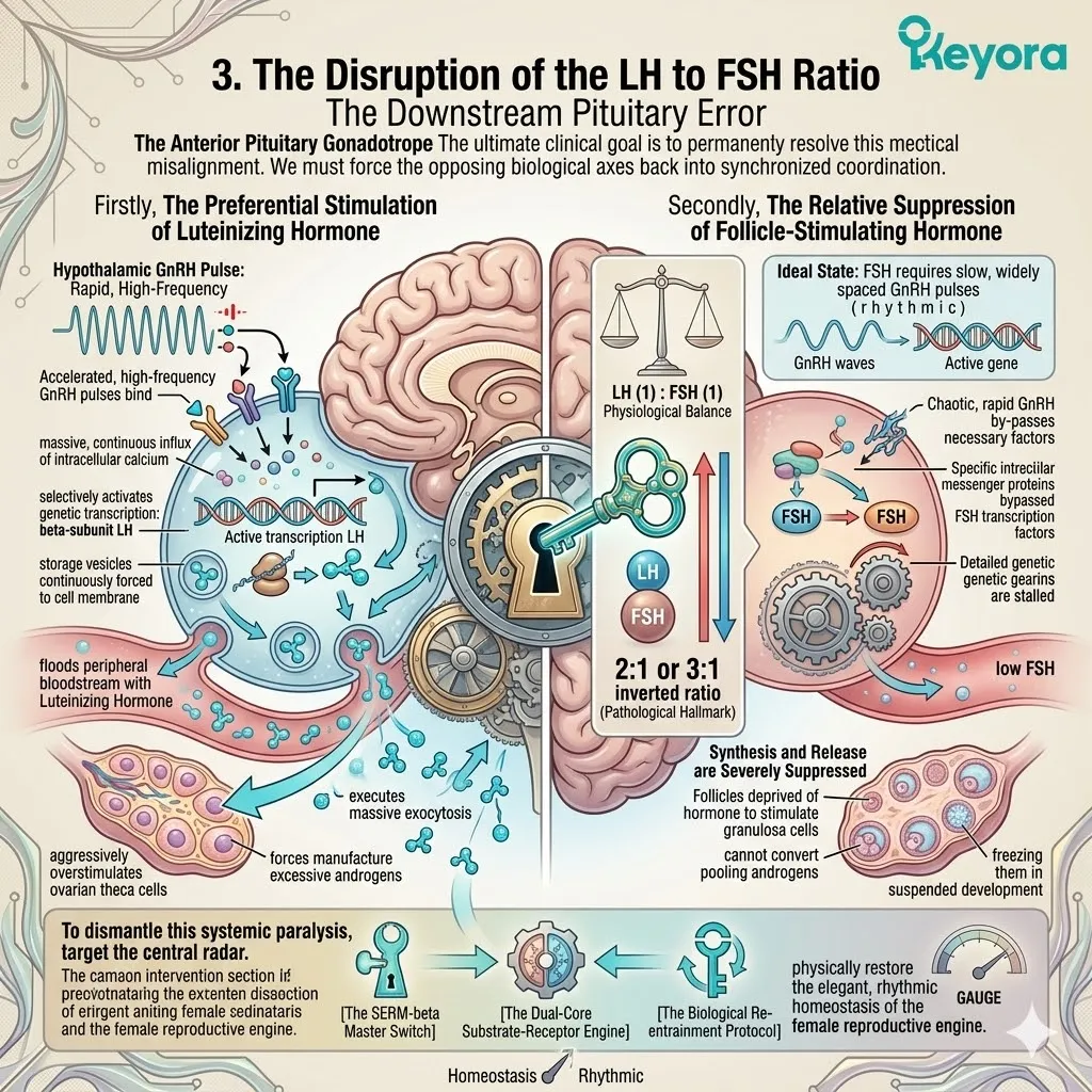 The LH/FSH ratio inversion signals a catastrophic pituitary transcription failure, forcing ovarian androgen excess and structural follicular stasis. The LH/FSH ratio inversion signals a catastrophic pituitary transcription failure, forcing ovarian androgen excess and structural follicular stasis.