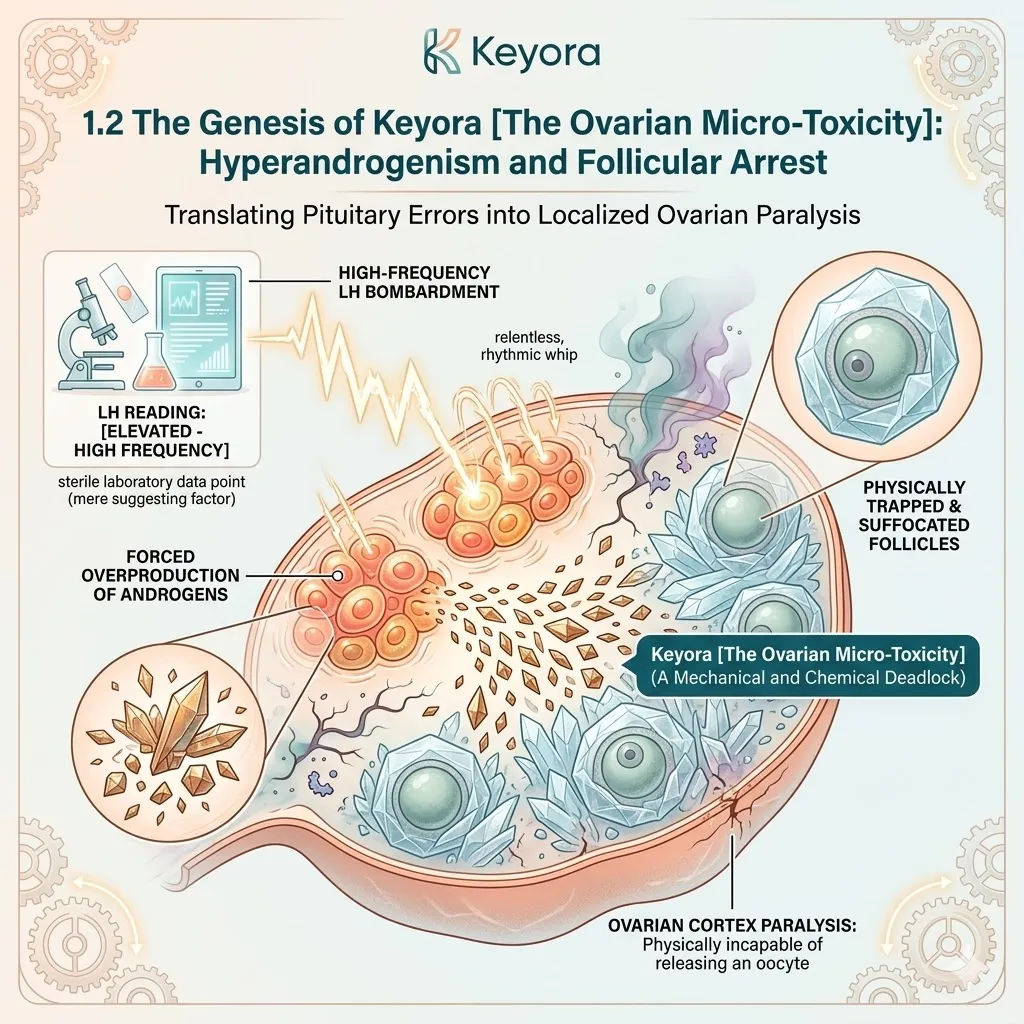 LH-driven hyperandrogenism triggers Ovarian Micro-Toxicity, inducing a mechanical deadlock that suffocates follicles and mandates systemic re-entrainment. LH-driven hyperandrogenism triggers Ovarian Micro-Toxicity, inducing a mechanical deadlock that suffocates follicles and mandates systemic re-entrainment.