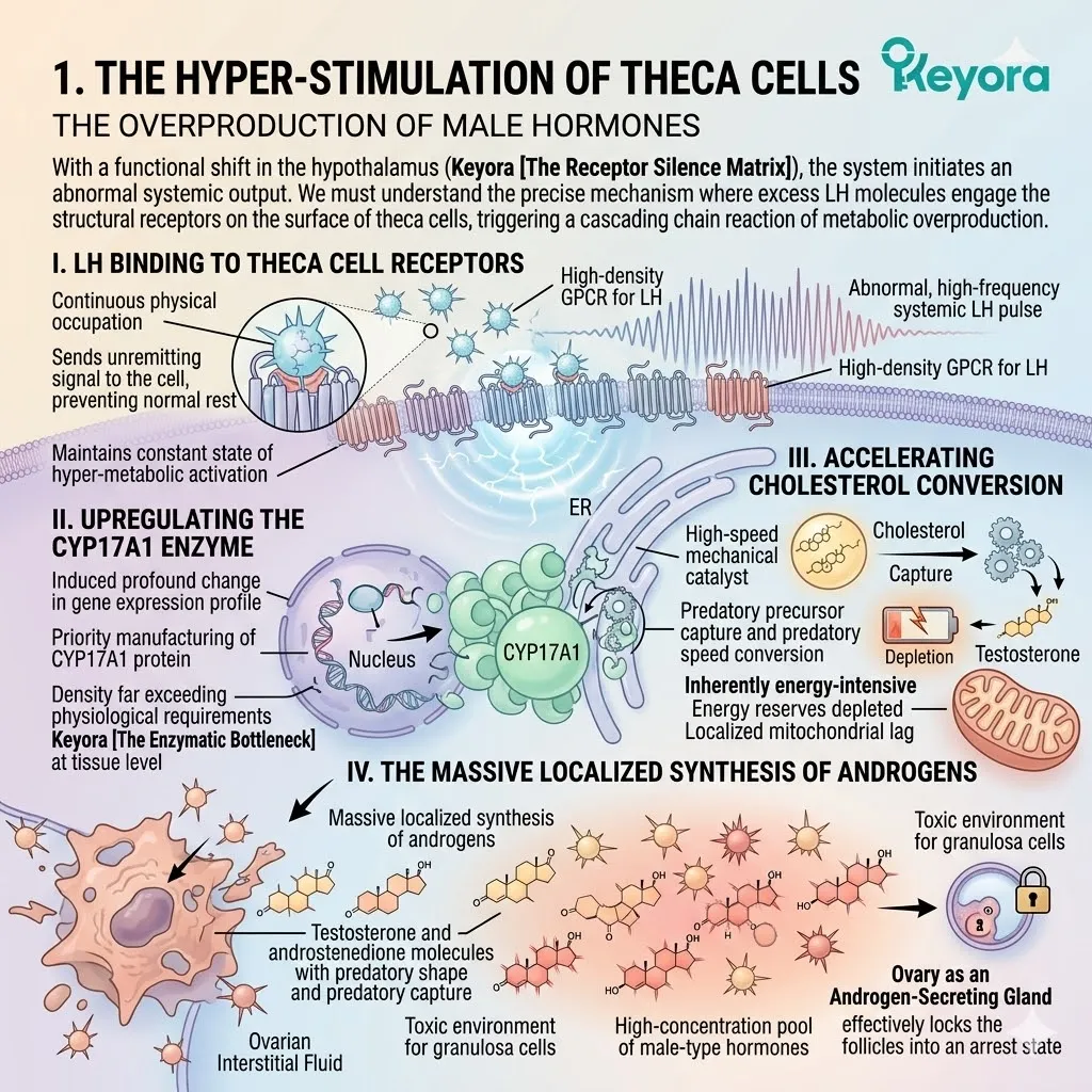 LH-driven CYP17A1 upregulation converts follicular cholesterol into toxic androgen pools, locking ovarian tissue into an Enzymatic Bottleneck state. LH-driven CYP17A1 upregulation converts follicular cholesterol into toxic androgen pools, locking ovarian tissue into an Enzymatic Bottleneck state.