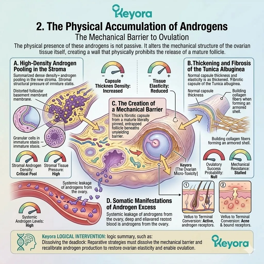 Androgen-induced stromal fibrosis creates a mechanical barrier, physically entrapping developing follicles and forcing persistent follicular stasis. Androgen-induced stromal fibrosis creates a mechanical barrier, physically entrapping developing follicles and forcing persistent follicular stasis.