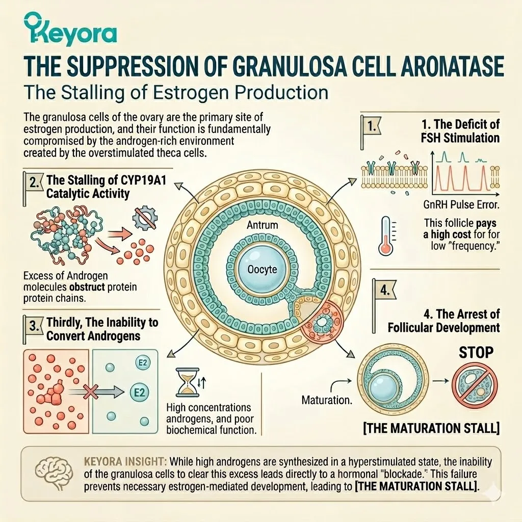 FSH deficiency and androgenic aromatase inhibition force follicular atresia, locking granulosa cells in a state of terminal reproductive stasis. FSH deficiency and androgenic aromatase inhibition force follicular atresia, locking granulosa cells in a state of terminal reproductive stasis.