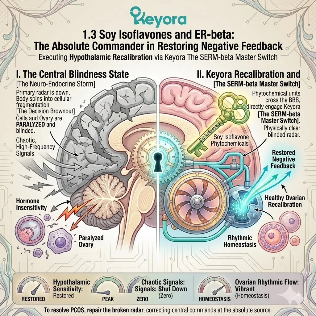 Soy isoflavones activate SERM-beta receptors to restore hypothalamic sensitivity, effectively terminating the Neuro-Endocrine Storm at the source. Soy isoflavones activate SERM-beta receptors to restore hypothalamic sensitivity, effectively terminating the Neuro-Endocrine Storm at the source.