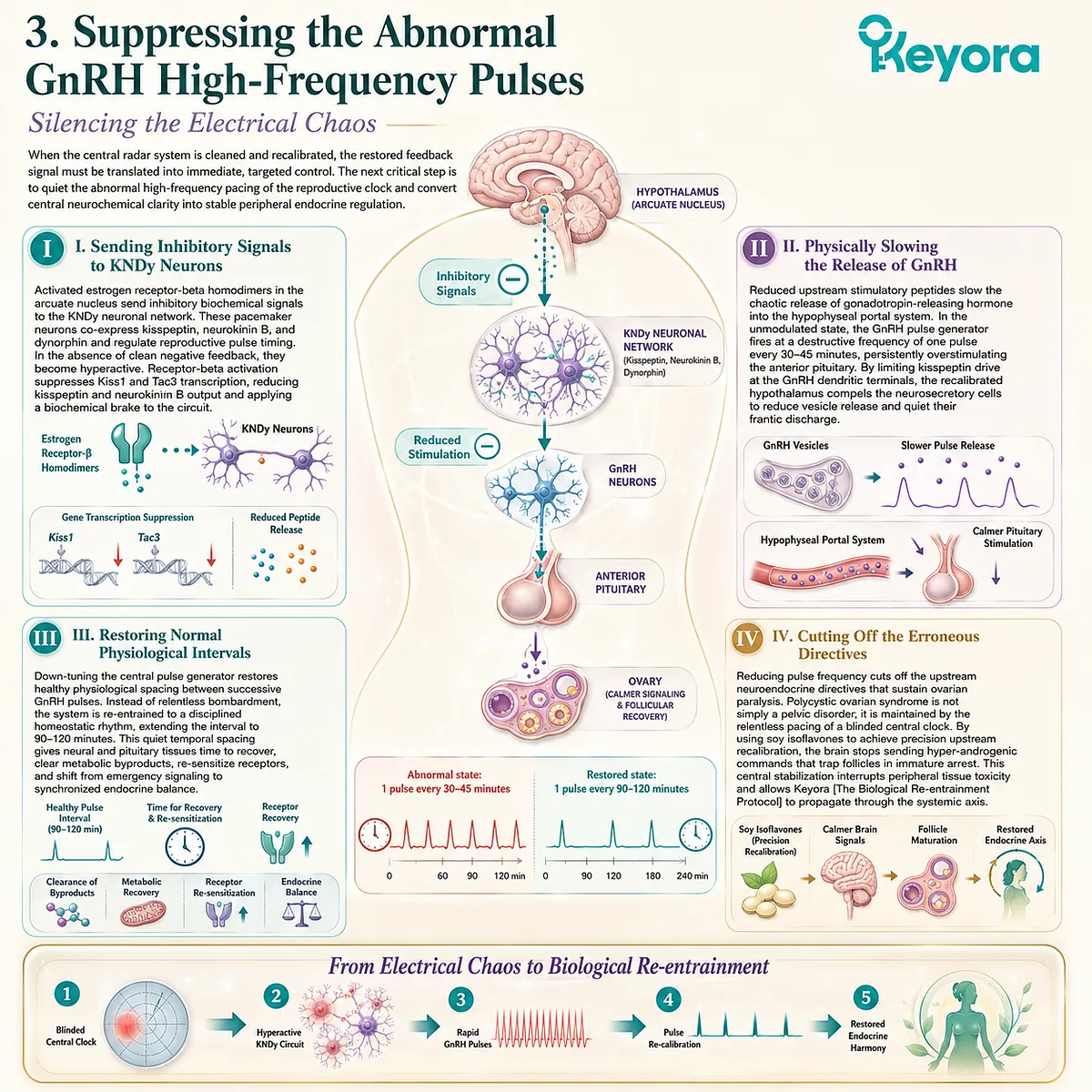SERM-beta activation suppresses KNDy neuronal firing, restoring optimal GnRH pulse intervals to dismantle the upstream source of neuro-endocrine chaos. SERM-beta activation suppresses KNDy neuronal firing, restoring optimal GnRH pulse intervals to dismantle the upstream source of neuro-endocrine chaos.