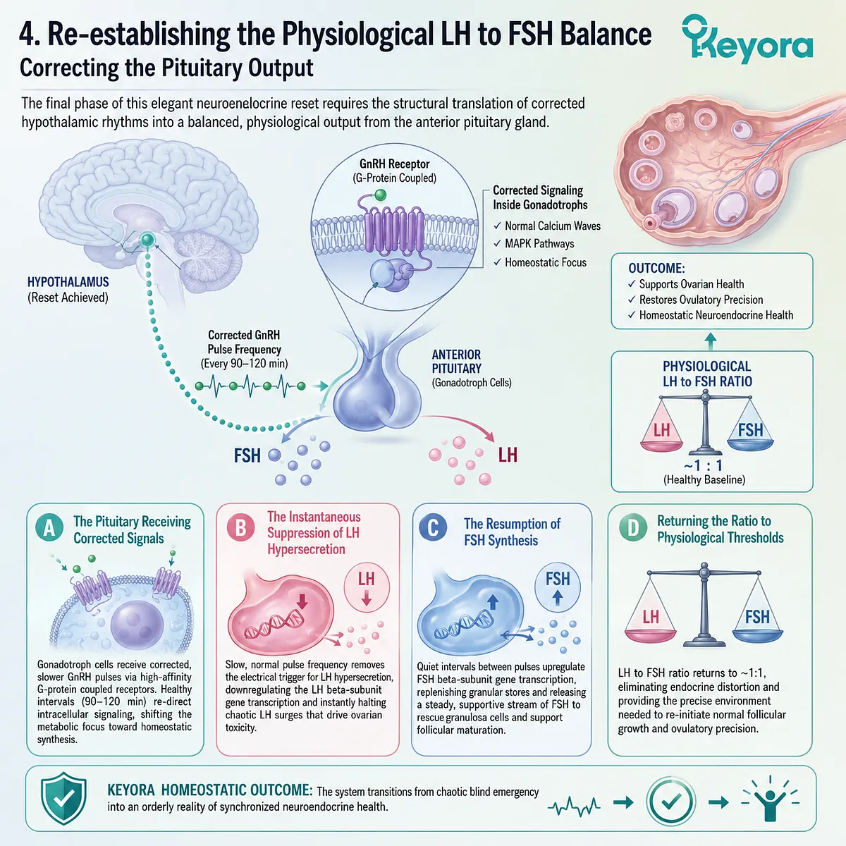 Restored GnRH pulse frequency optimizes pituitary transcription, normalizing the LH/FSH ratio to terminate androgenic toxicity and revive follicular development. Restored GnRH pulse frequency optimizes pituitary transcription, normalizing the LH/FSH ratio to terminate androgenic toxicity and revive follicular development.
