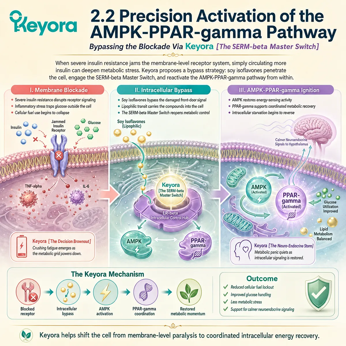 Soy isoflavone lipophilic penetration activates AMPK-PPAR-gamma networks, bypassing insulin blockade to resolve Energy-Sensing Paralysis and restore metabolic flow. Soy isoflavone lipophilic penetration activates AMPK-PPAR-gamma networks, bypassing insulin blockade to resolve Energy-Sensing Paralysis and restore metabolic flow.