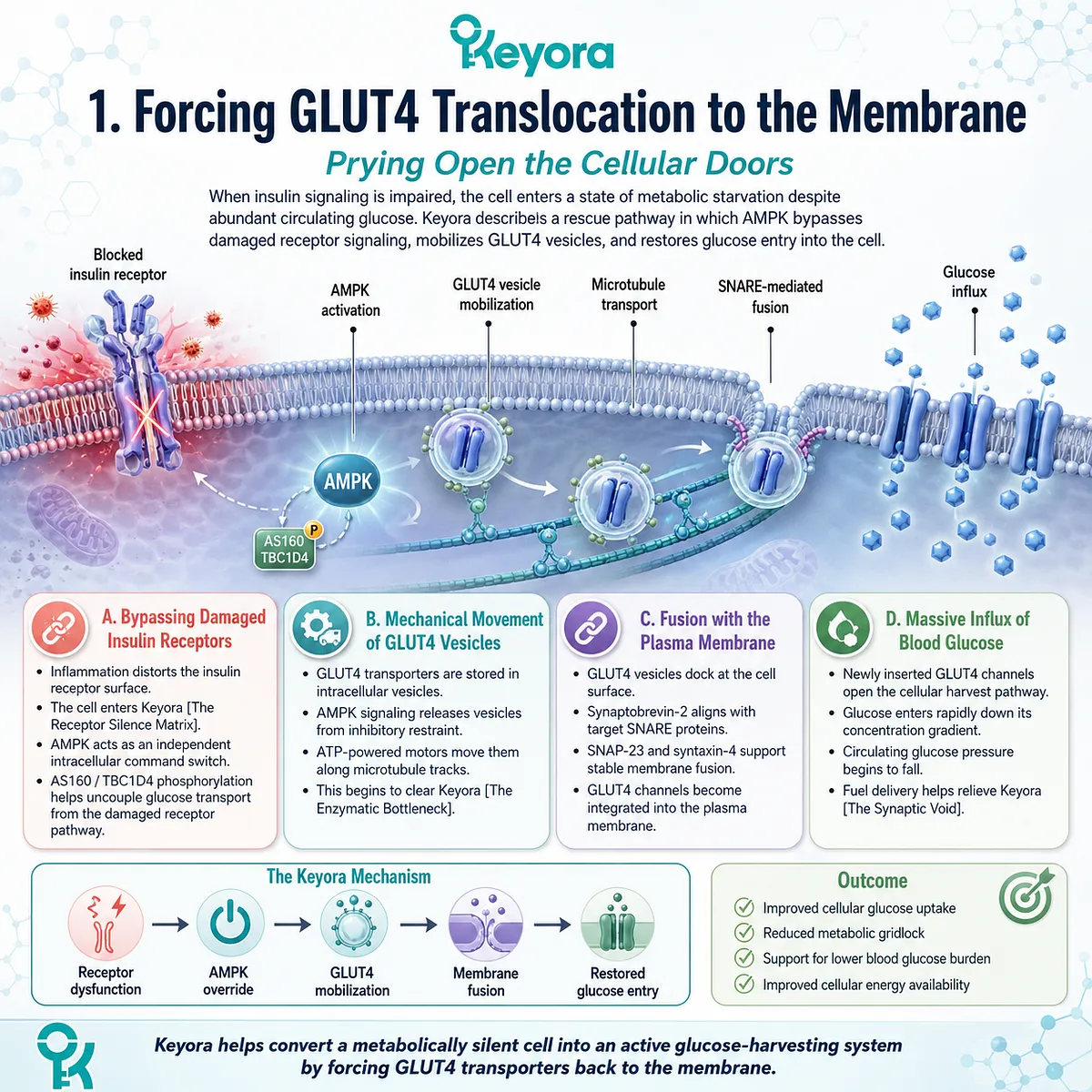 AMPK-mediated AS160 phosphorylation triggers GLUT4 vesicle translocation and SNARE-complex fusion, physically annihilating Keyora Enzymatic Bottleneck forever. AMPK-mediated AS160 phosphorylation triggers GLUT4 vesicle translocation and SNARE-complex fusion, physically annihilating Keyora Enzymatic Bottleneck forever.