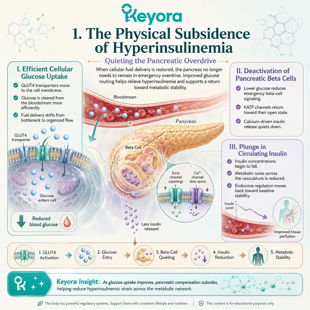 Efficient glucose absorption via GLUT4 translocation halts beta-cell depolarization, causing a systemic insulin plunge to extinguish metabolic hyperinsulinemia. Efficient glucose absorption via GLUT4 translocation halts beta-cell depolarization, causing a systemic insulin plunge to extinguish metabolic hyperinsulinemia.