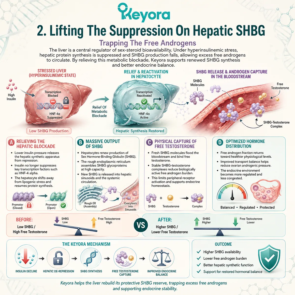 Insulin-induced hepatic repression lifts, triggering a massive SHBG surge to mechanically capture free androgens and annihilate systemic endocrine toxicity. Insulin-induced hepatic repression lifts, triggering a massive SHBG surge to mechanically capture free androgens and annihilate systemic endocrine toxicity.