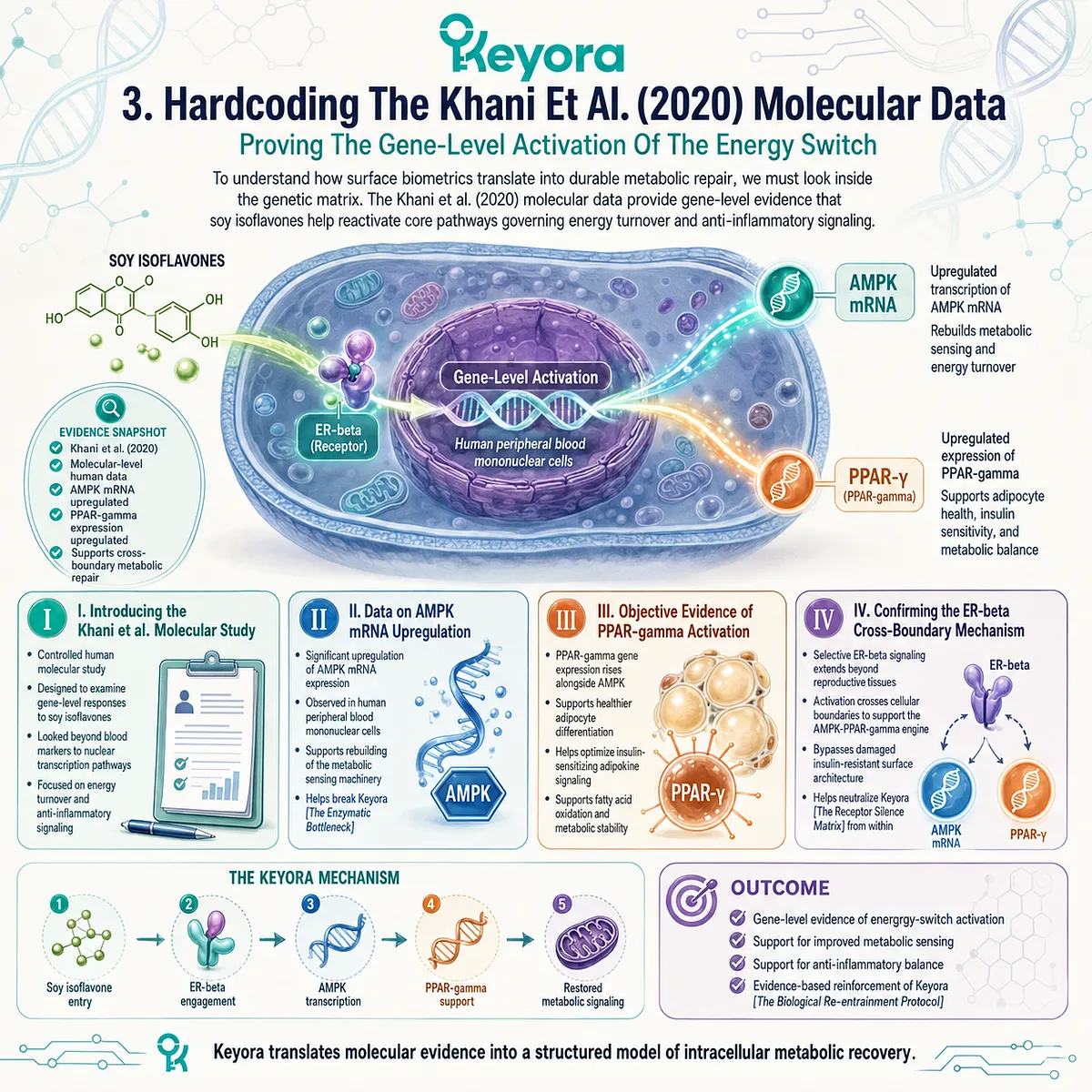 Khani et al. (2020) prove soy isoflavones trigger AMPK and PPAR-gamma mRNA upregulation, hardcoding internal metabolic recovery and shattering Glycolytic Traps. Khani et al. (2020) prove soy isoflavones trigger AMPK and PPAR-gamma mRNA upregulation, hardcoding internal metabolic recovery and shattering Glycolytic Traps.