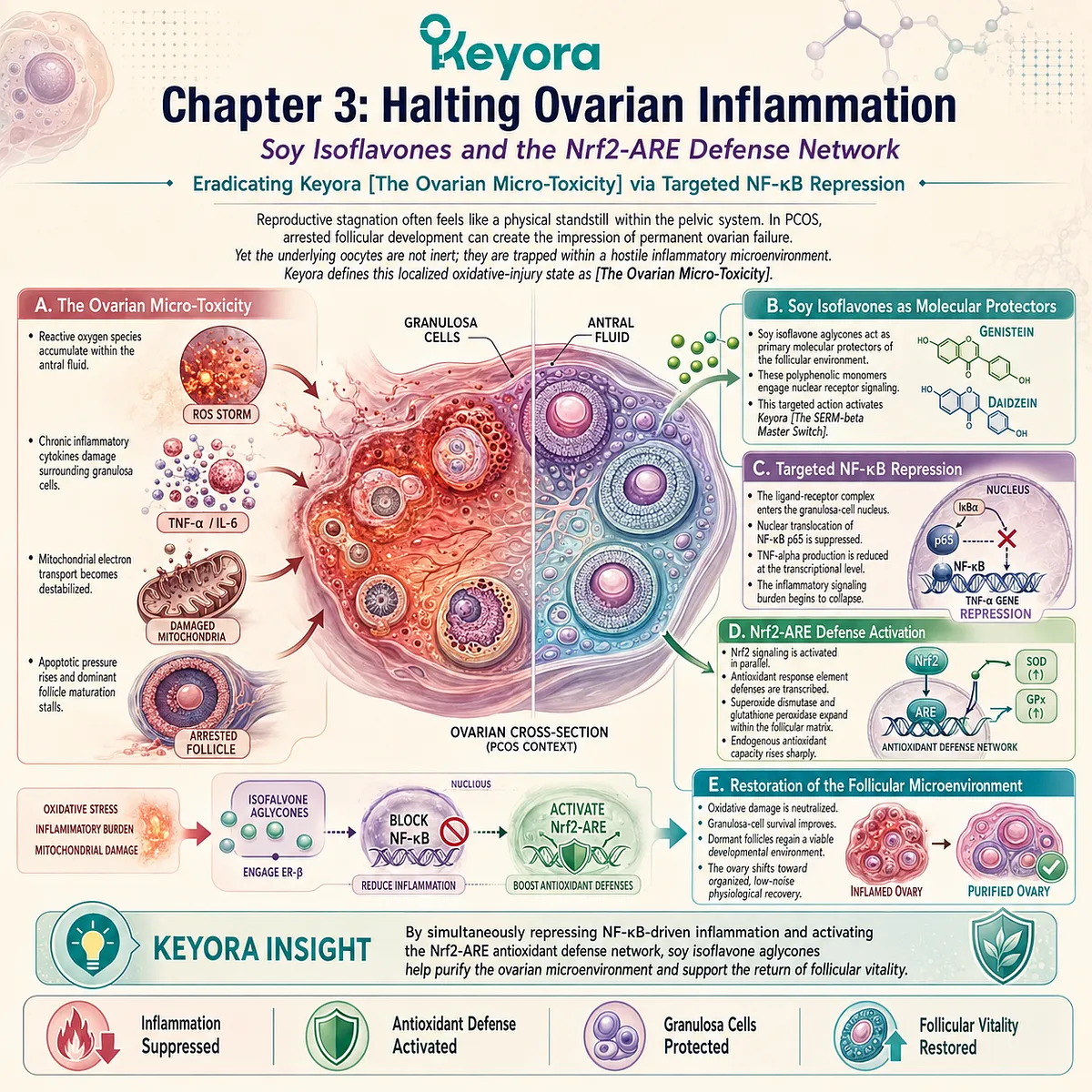 Keyora SERM-beta Master Switch activation via soy isoflavones triggers Nrf2-ARE defense, suppressing NF-κB inflammatory signaling to resolve ovarian micro-toxicity. Keyora SERM-beta Master Switch activation via soy isoflavones triggers Nrf2-ARE defense, suppressing NF-κB inflammatory signaling to resolve ovarian micro-toxicity.
