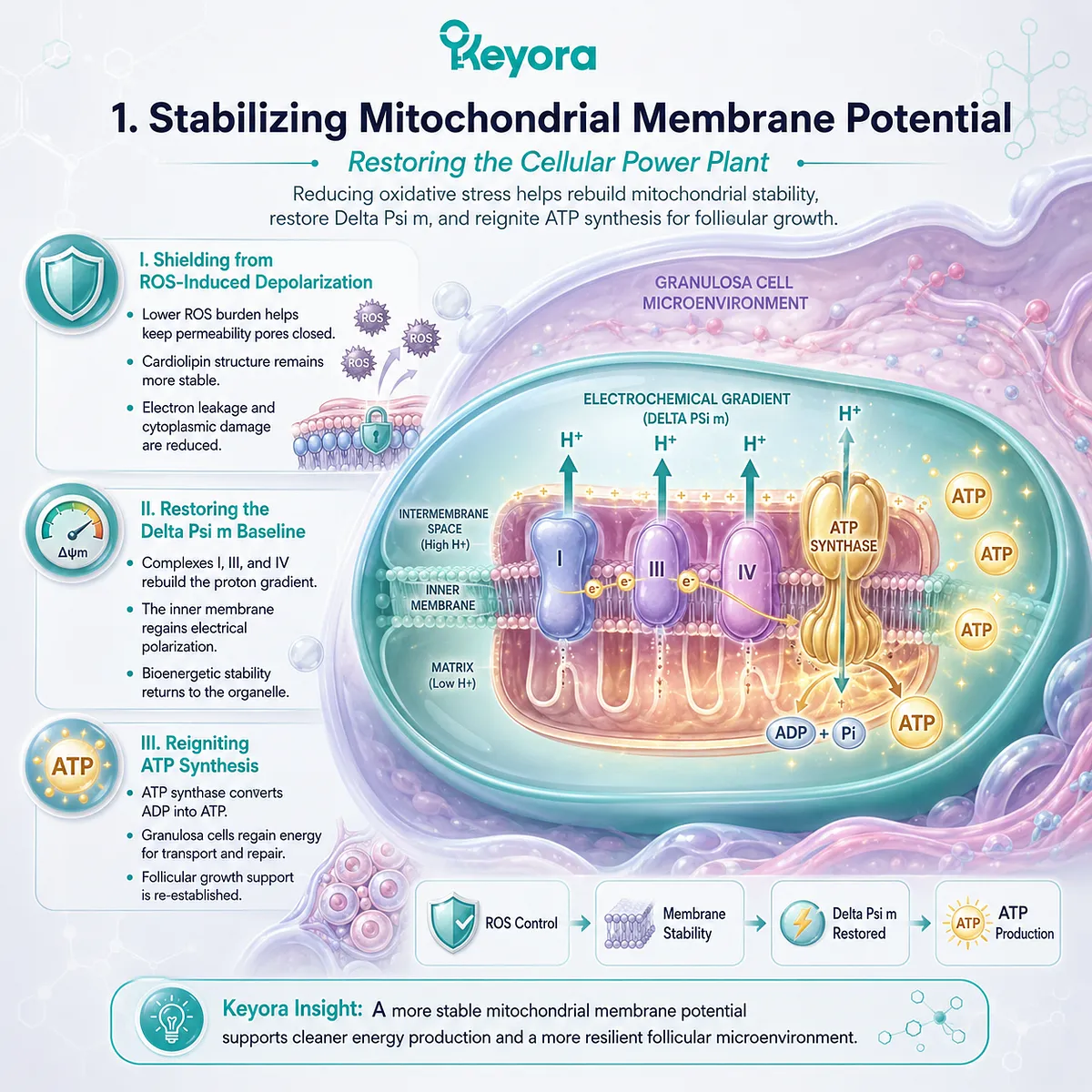 Keyora Biological Re-entrainment Protocol stabilizes mitochondrial membrane potential, restoring F0F1-ATP synthase efficiency to fuel follicular maturation. Keyora Biological Re-entrainment Protocol stabilizes mitochondrial membrane potential, restoring F0F1-ATP synthase efficiency to fuel follicular maturation.