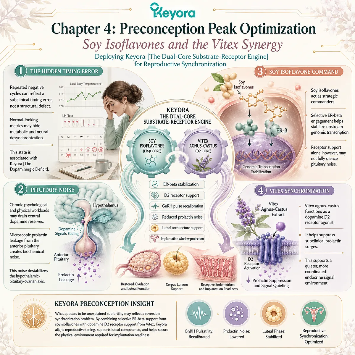 Soy isoflavone beta-receptor modulation and Vitex D2-agonism suppress prolactin noise, anchoring Keyora Dual-Core synchronization for reproductive sovereignty. Soy isoflavone beta-receptor modulation and Vitex D2-agonism suppress prolactin noise, anchoring Keyora Dual-Core synchronization for reproductive sovereignty.