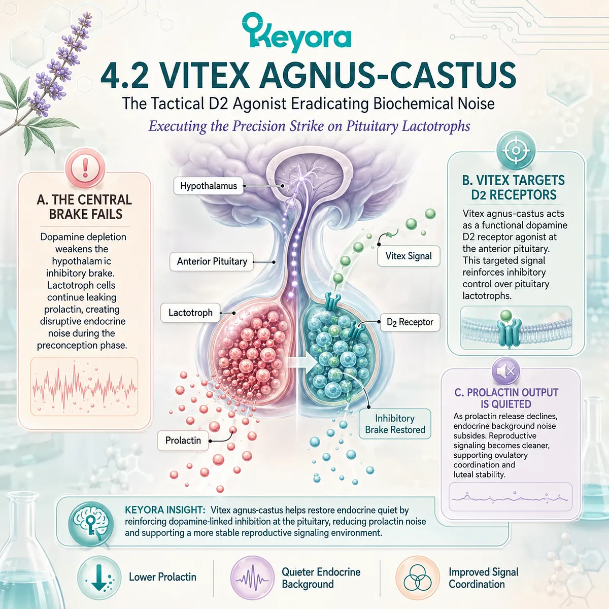 Vitex agnus-castus acts as a precision D2 receptor agonist, silencing pituitary lactotroph prolactin leakage to eradicate endocrine noise and restore reproductive signaling. Vitex agnus-castus acts as a precision D2 receptor agonist, silencing pituitary lactotroph prolactin leakage to eradicate endocrine noise and restore reproductive signaling.