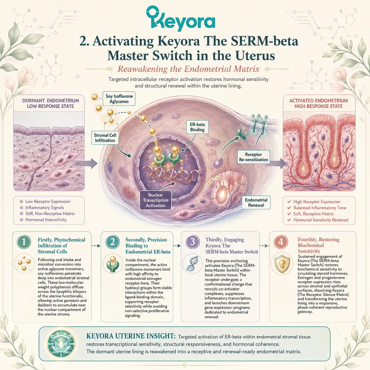 Genistein-driven SERM-beta activation structurally reconfigures endometrial receptors, dissolving the Receptor Silence Matrix to restore phase-coherent sensitivity. Genistein-driven SERM-beta activation structurally reconfigures endometrial receptors, dissolving the Receptor Silence Matrix to restore phase-coherent sensitivity.