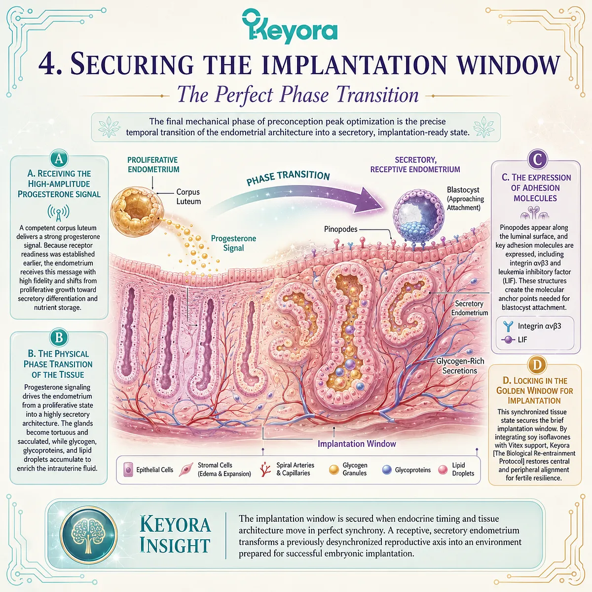 Progesterone-mediated secretory transition and pinopode expression lock the implantation window, securing Keyora Dual-Core synchronization for embryo adhesion. Progesterone-mediated secretory transition and pinopode expression lock the implantation window, securing Keyora Dual-Core synchronization for embryo adhesion.