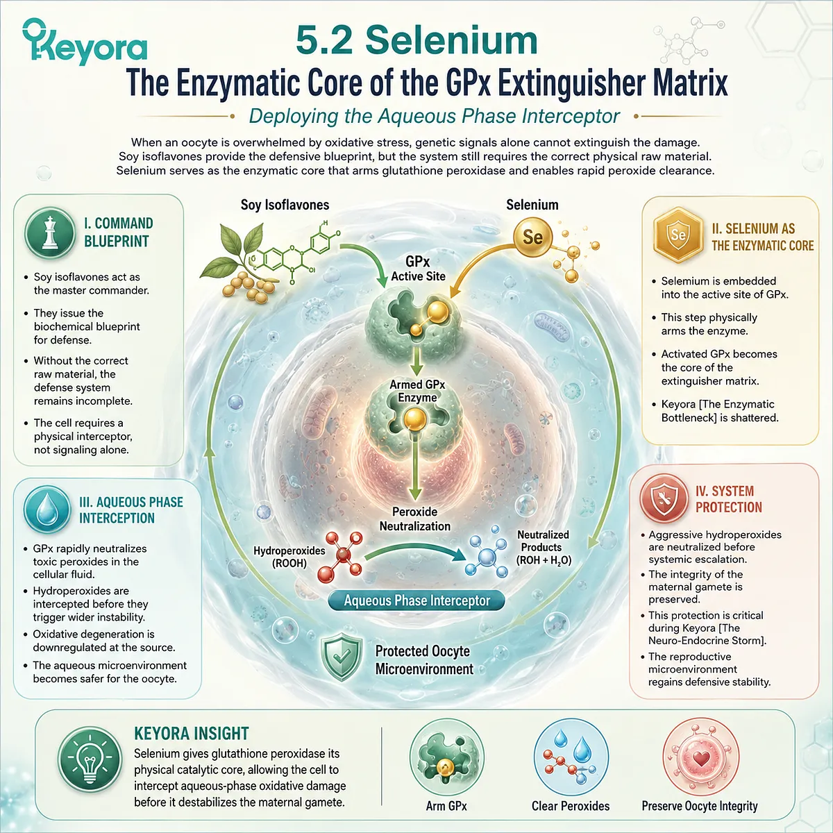 Selenium anchors the Glutathione Peroxidase matrix to neutralize toxic peroxides, shattering the Enzymatic Bottleneck within the aqueous cellular phase. Selenium anchors the Glutathione Peroxidase matrix to neutralize toxic peroxides, shattering the Enzymatic Bottleneck within the aqueous cellular phase.